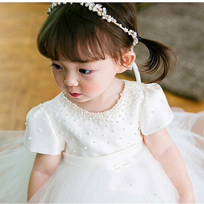 White Princess Tea-Length Flower Girl Dress with Cascading Ruffles
