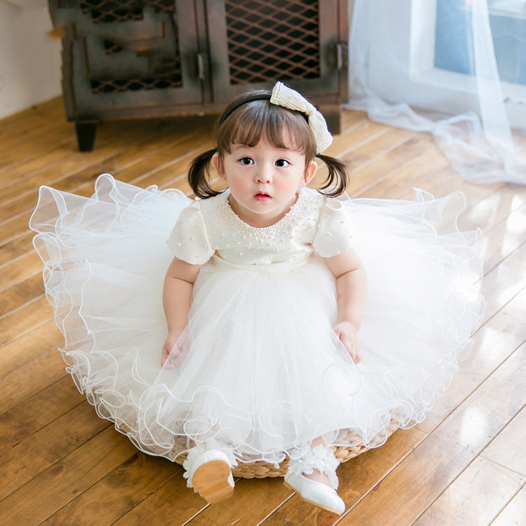 White Princess Tea-Length Flower Girl Dress with Cascading Ruffles