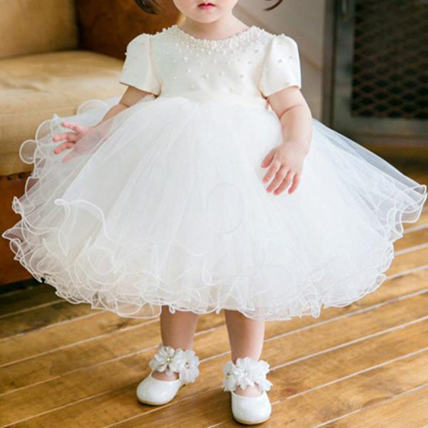 White Princess Tea-Length Flower Girl Dress with Cascading Ruffles