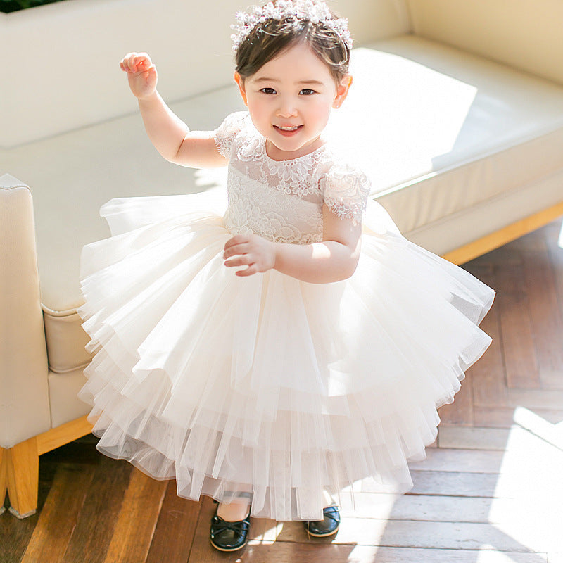 White Princess Tea-Length Flower Girl Dress with Lace & Bows