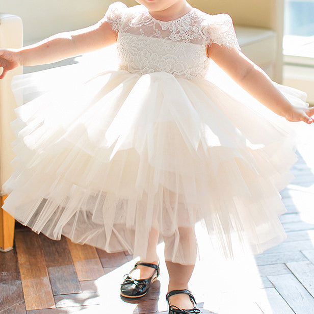 White Princess Tea-Length Flower Girl Dress with Lace & Bows