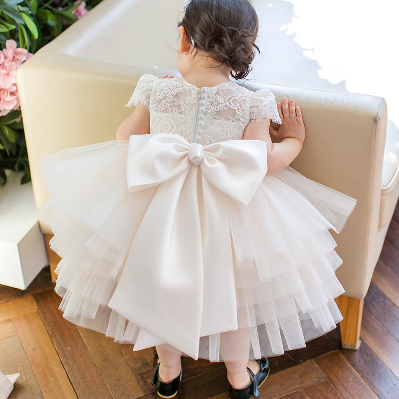 White Princess Tea-Length Flower Girl Dress with Lace & Bows