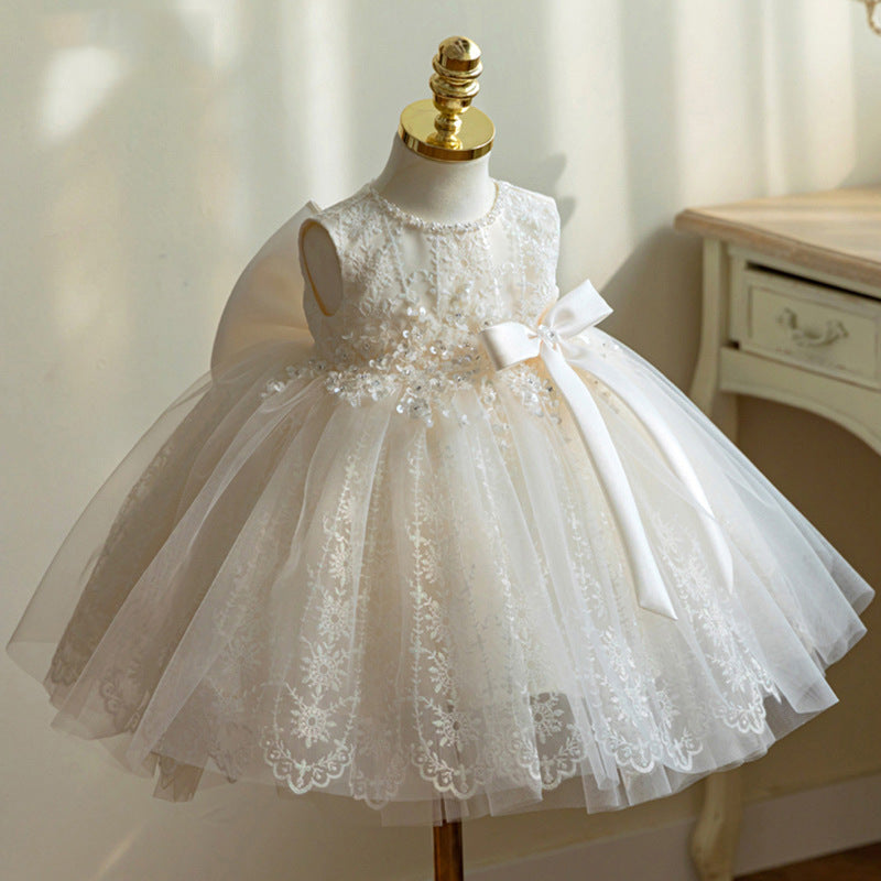 White Princess Tea-Length Flower Girl Dress with Lace Sequins