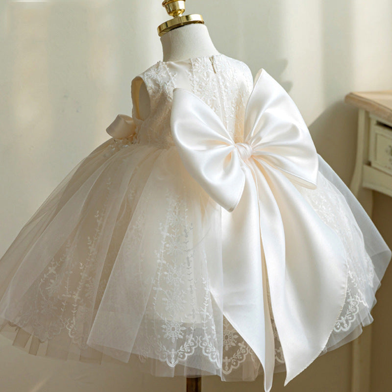 White Princess Tea-Length Flower Girl Dress with Lace Sequins