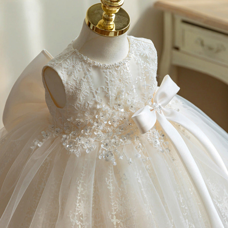 White Princess Tea-Length Flower Girl Dress with Lace Sequins