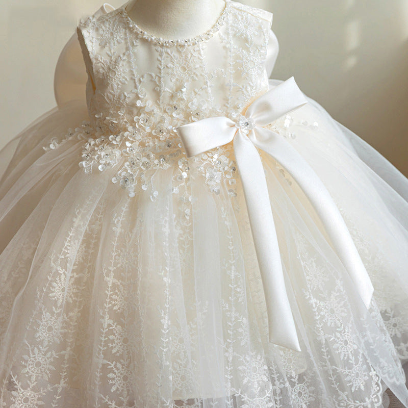 White Princess Tea-Length Flower Girl Dress with Lace Sequins