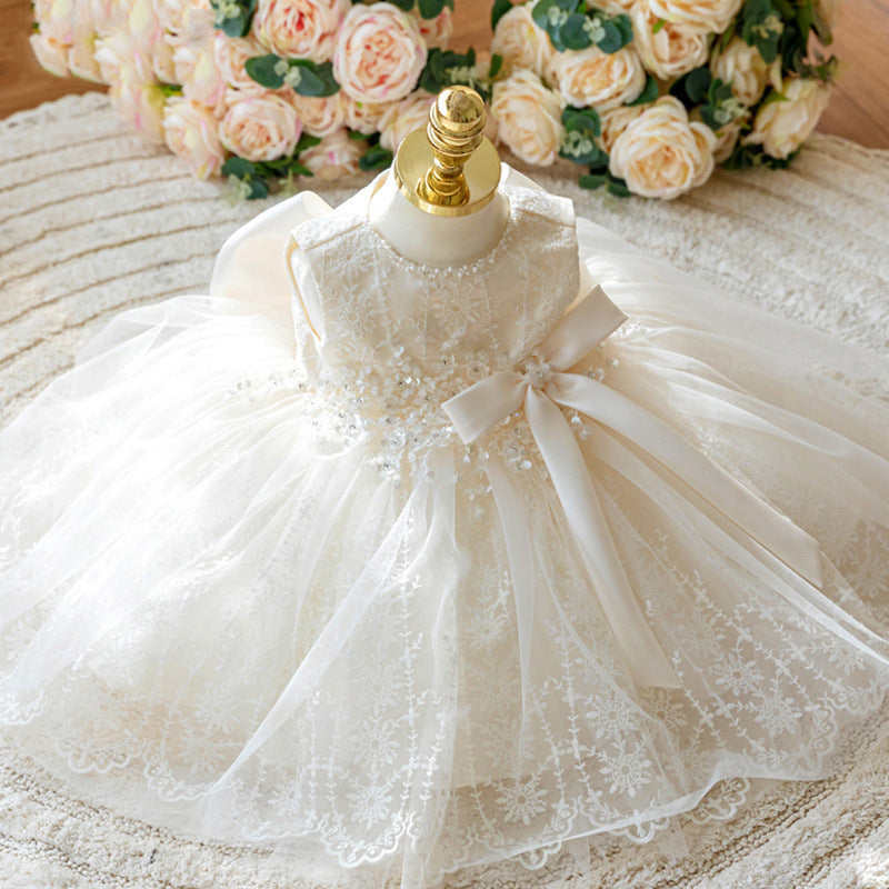 White Princess Tea-Length Flower Girl Dress with Lace Sequins