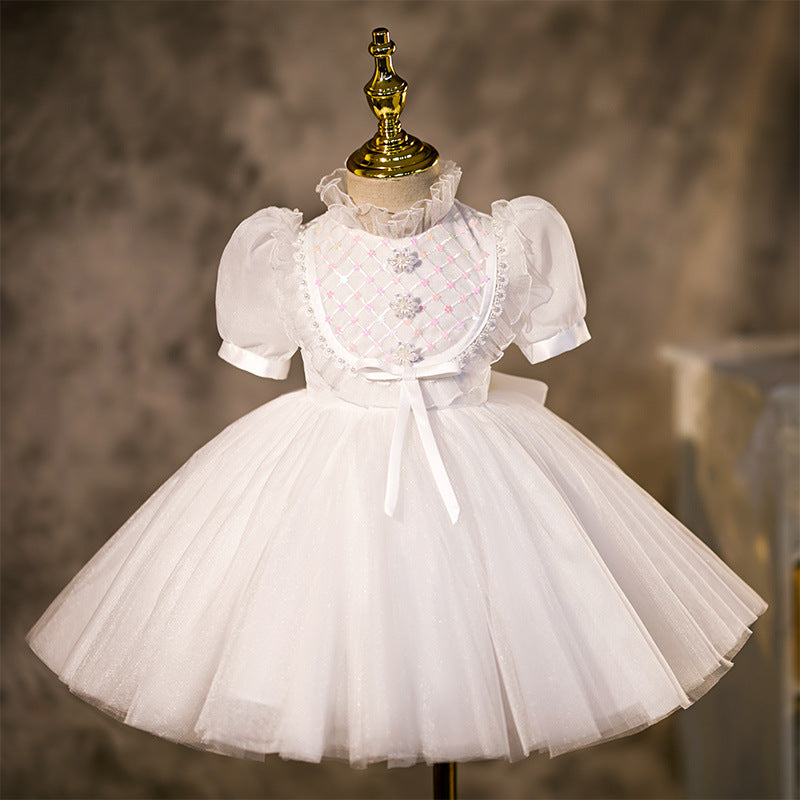 White Princess Tea-Length Flower Girl Dress with Lantern Sleeves