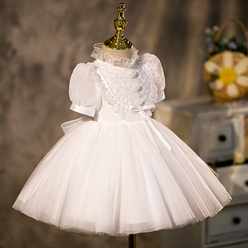 White Princess Tea-Length Flower Girl Dress with Lantern Sleeves