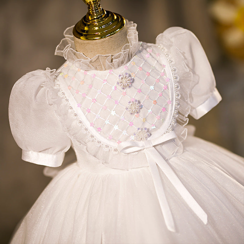 White Princess Tea-Length Flower Girl Dress with Lantern Sleeves