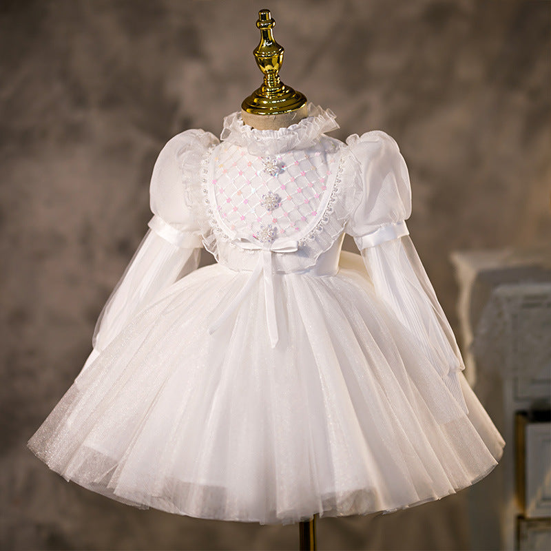 White Princess Tea-Length Flower Girl Dress with Lantern Sleeves