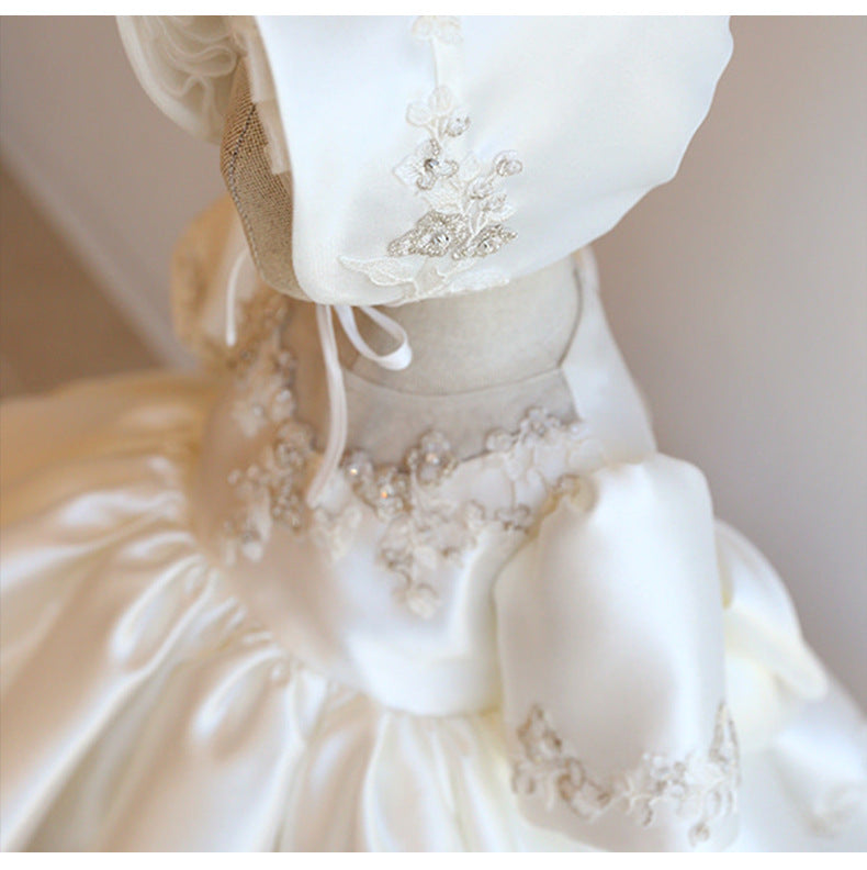 White Princess Tea-Length Flower Girl Dress with Ruffle Sleeves