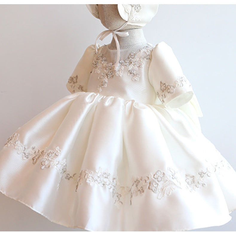 White Princess Tea-Length Flower Girl Dress with Ruffle Sleeves