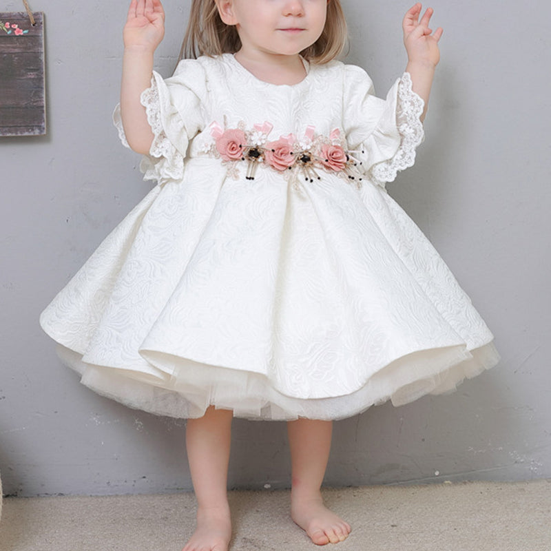 White Princess Tea-Length Flower Girl Dress with Ruffles