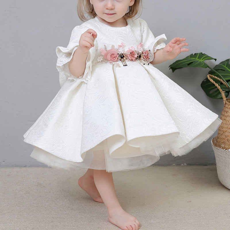 White Princess Tea-Length Flower Girl Dress with Ruffles