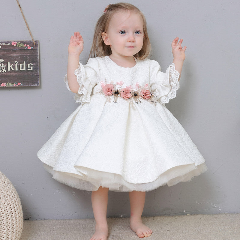 White Princess Tea-Length Flower Girl Dress with Ruffles
