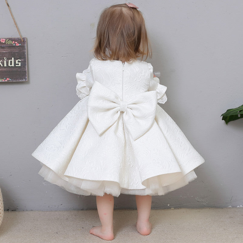 White Princess Tea-Length Flower Girl Dress with Ruffles