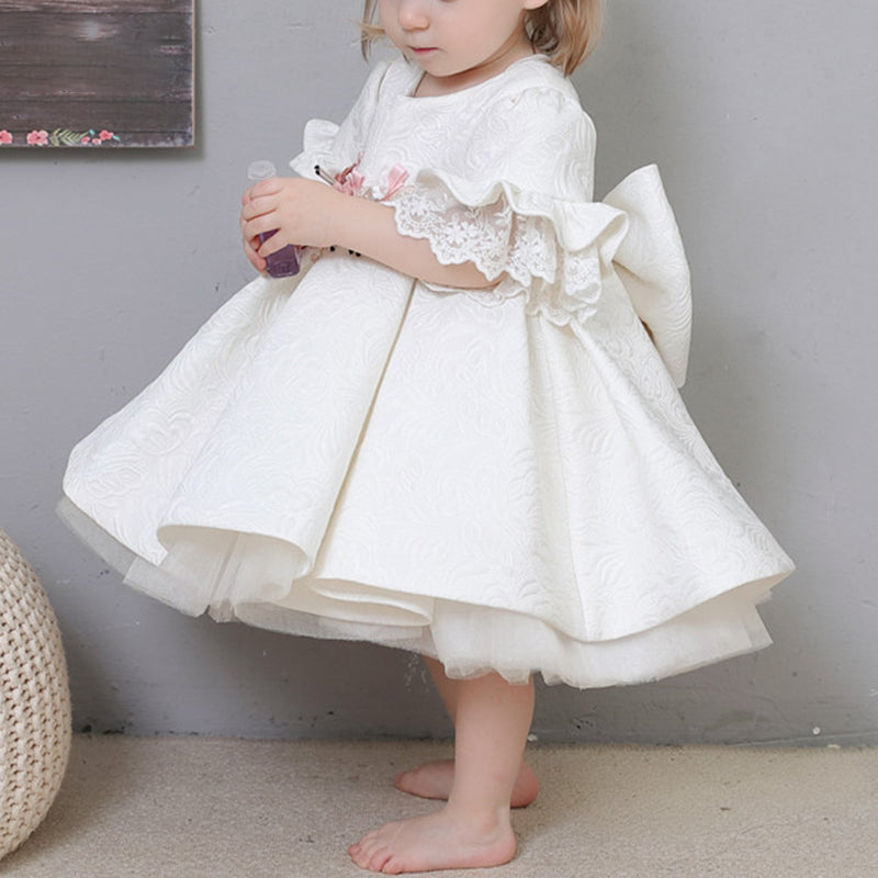 White Princess Tea-Length Flower Girl Dress with Ruffles