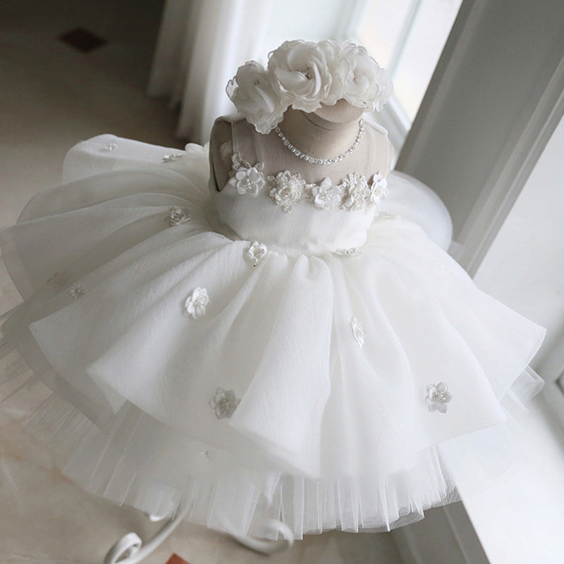 White Princess Tea-Length Flower Girl Dress with Tulle