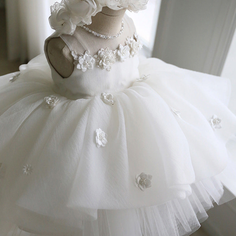White Princess Tea-Length Flower Girl Dress with Tulle