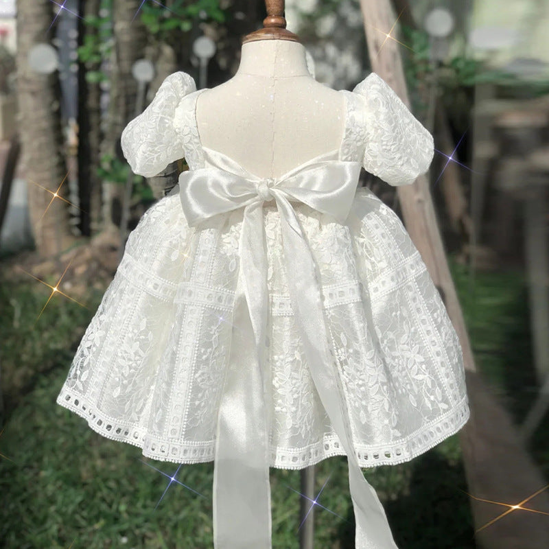 White Princess Tea-Length Lace Flower Girl Dress with Bow