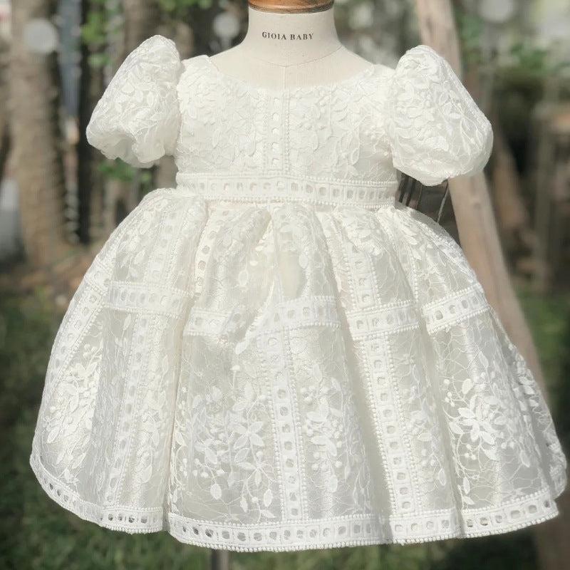 White Princess Tea-Length Lace Flower Girl Dress with Bow