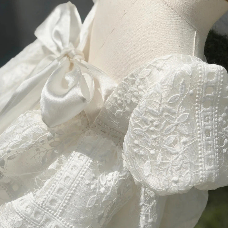 White Princess Tea-Length Lace Flower Girl Dress with Bow