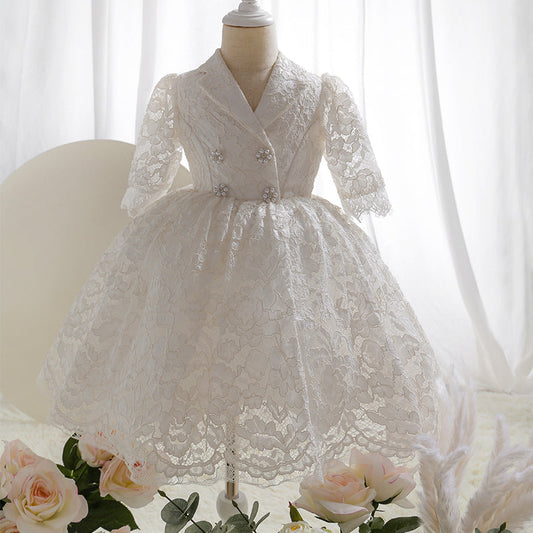 White Princess Tea-Length Lace Flower Girl Dress with V-Neck