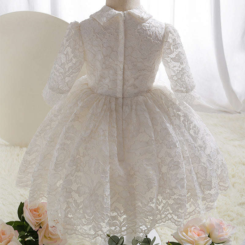 White Princess Tea-Length Lace Flower Girl Dress with V-Neck