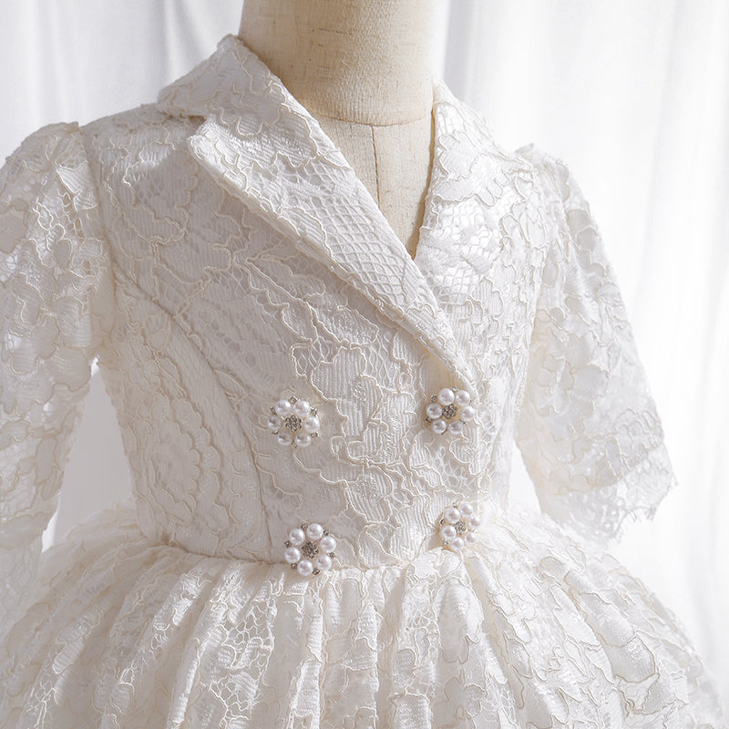 White Princess Tea-Length Lace Flower Girl Dress with V-Neck