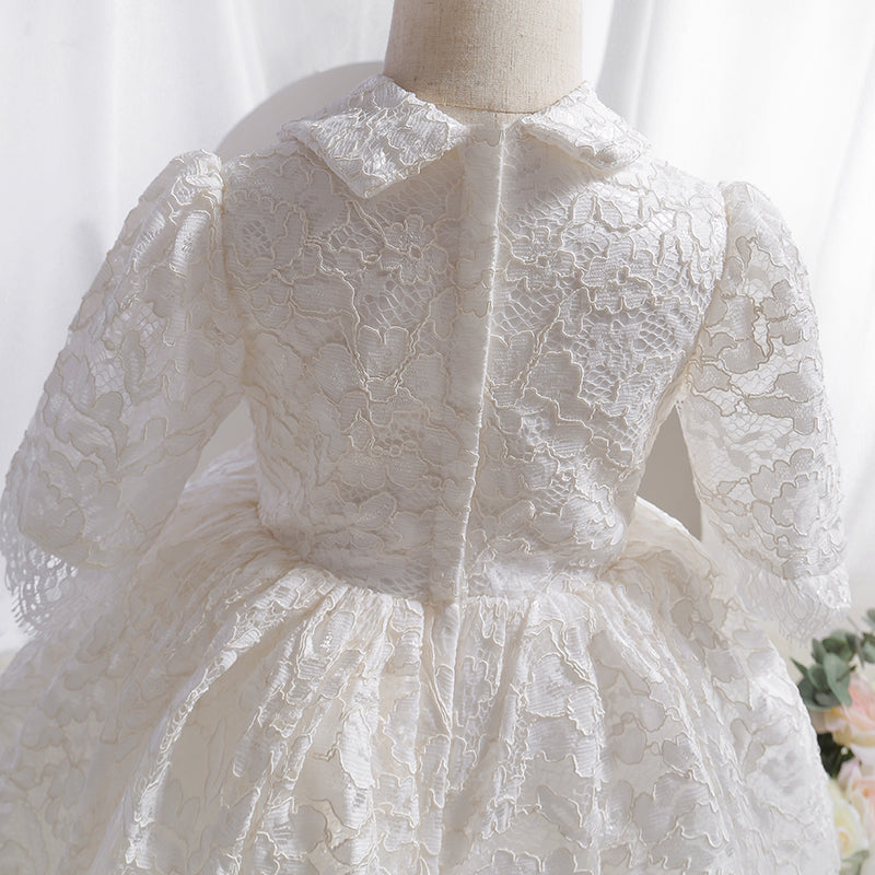 White Princess Tea-Length Lace Flower Girl Dress with V-Neck