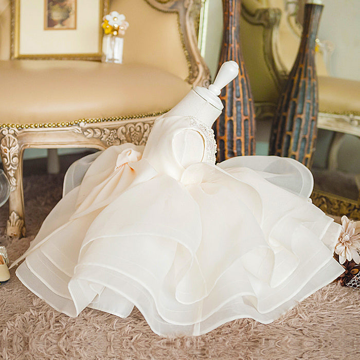 White Princess Tea-Length Organza Flower Girl Dress