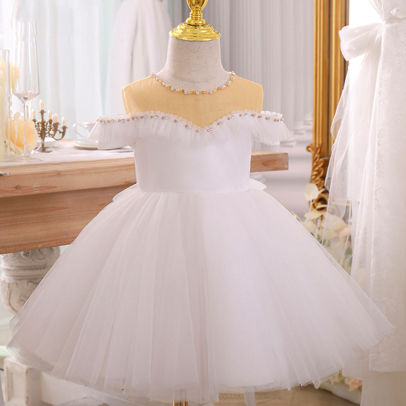White Princess Tea-Length Tulle Flower Girl Dress with Beading