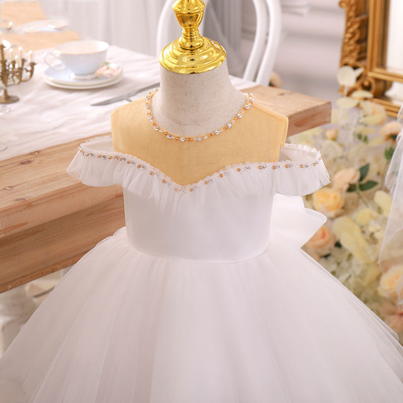 White Princess Tea-Length Tulle Flower Girl Dress with Beading
