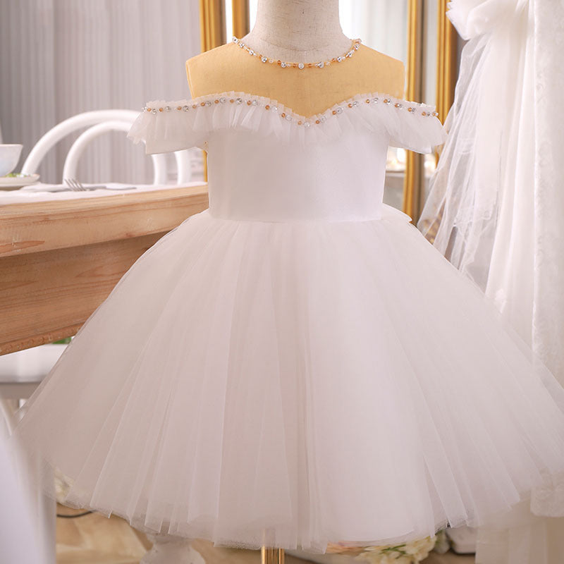 White Princess Tea-Length Tulle Flower Girl Dress with Beading