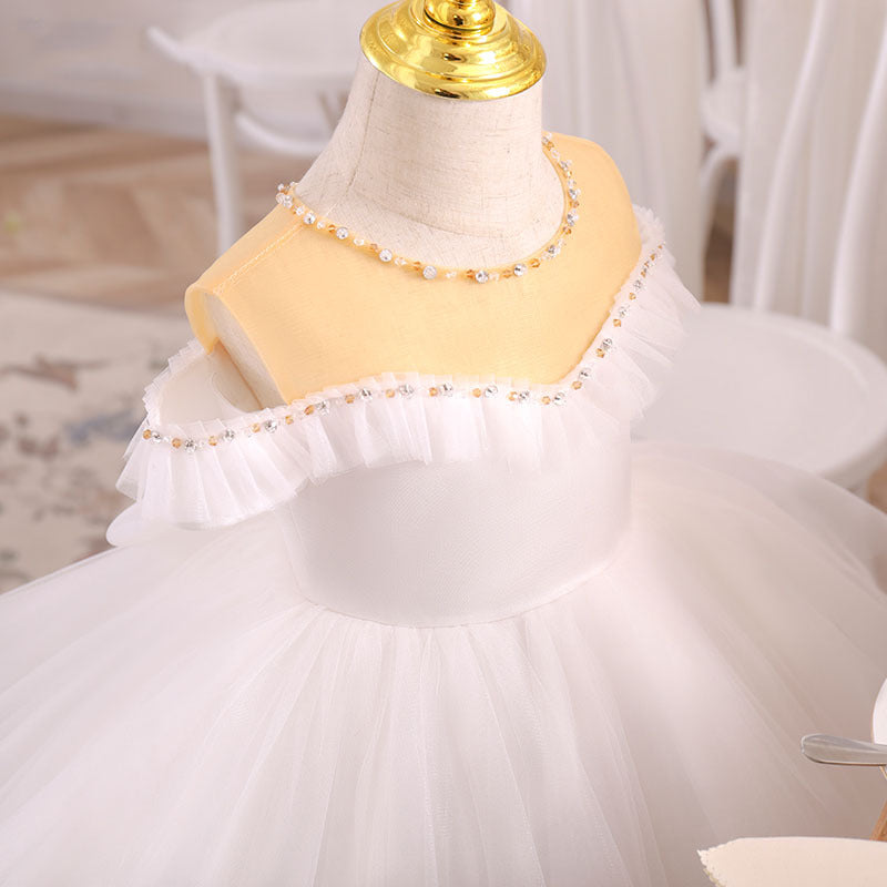 White Princess Tea-Length Tulle Flower Girl Dress with Beading