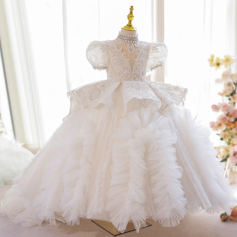 White Princess V-Neck Sequined Tulle Dress for Flower Girls & Special Occasions