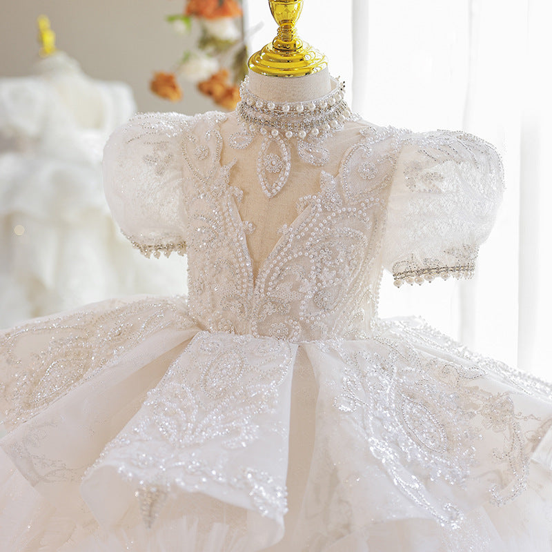 White Princess V-Neck Sequined Tulle Dress for Flower Girls & Special Occasions