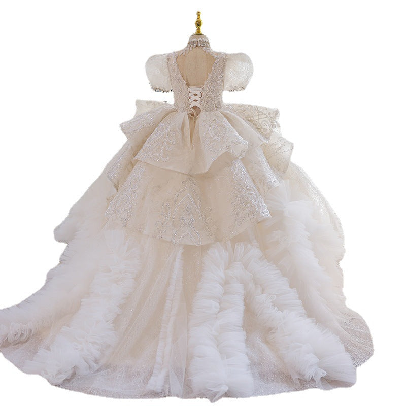 White Princess V-Neck Sequined Tulle Dress for Flower Girls & Special Occasions