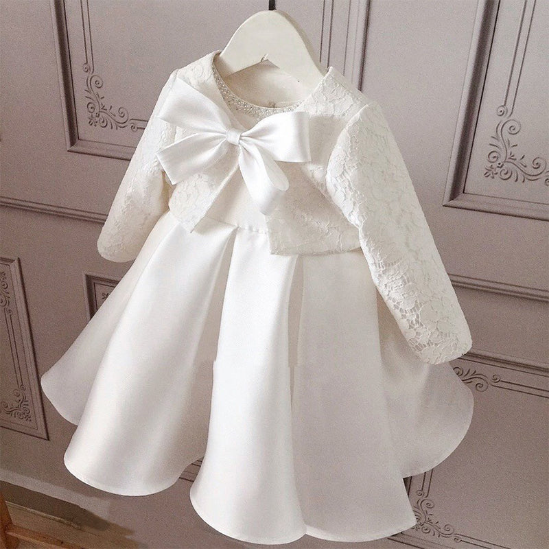 White Satin & Lace A-Line Flower Girl Dress - Tea Length
