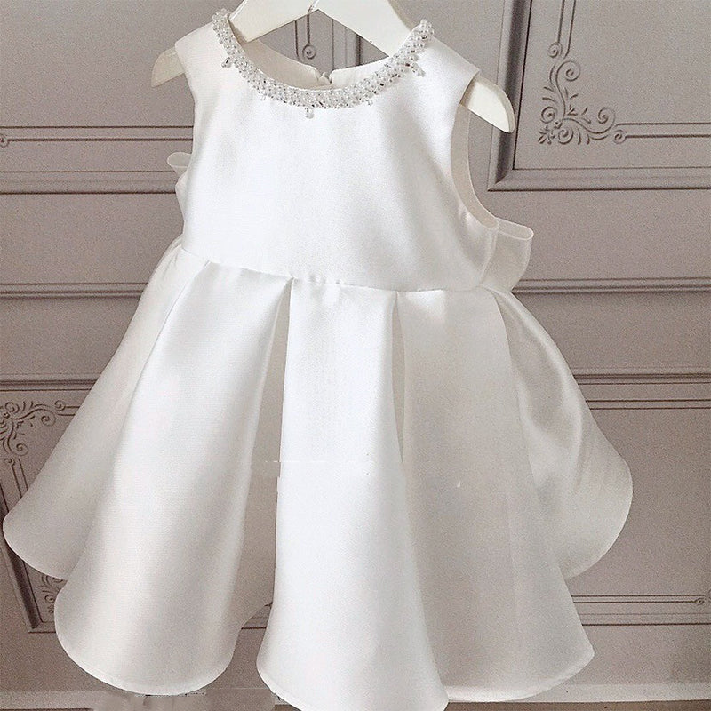 White Satin & Lace A-Line Flower Girl Dress - Tea Length