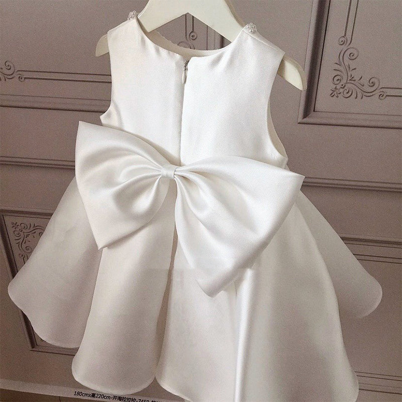 White Satin & Lace A-Line Flower Girl Dress - Tea Length