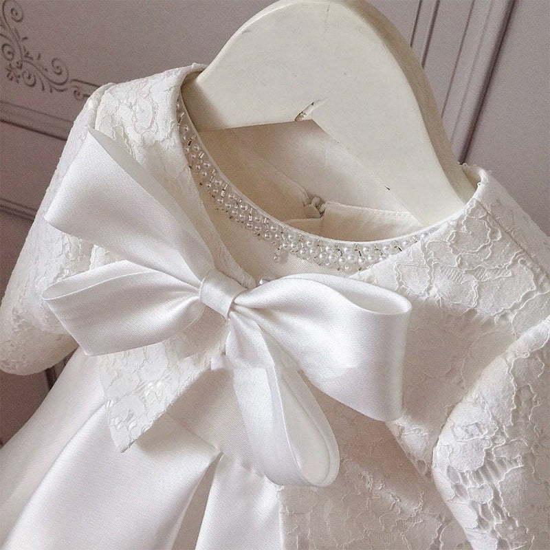 White Satin & Lace A-Line Flower Girl Dress - Tea Length