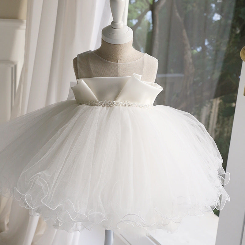White Satin & Tulle Princess Flower Girl Dress: Boat Neck