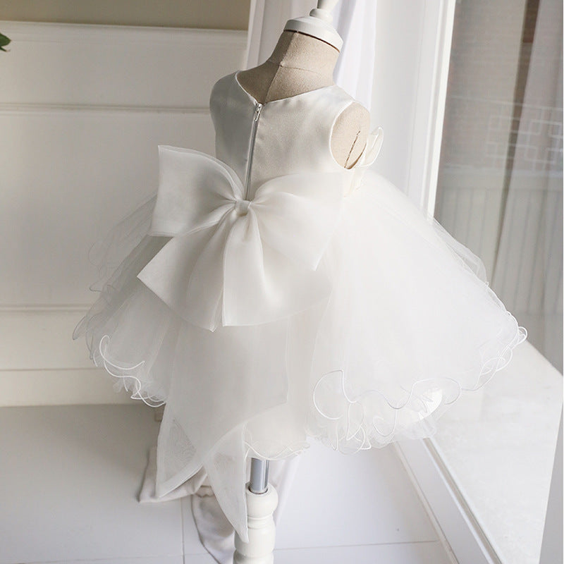 White Satin & Tulle Princess Flower Girl Dress: Boat Neck