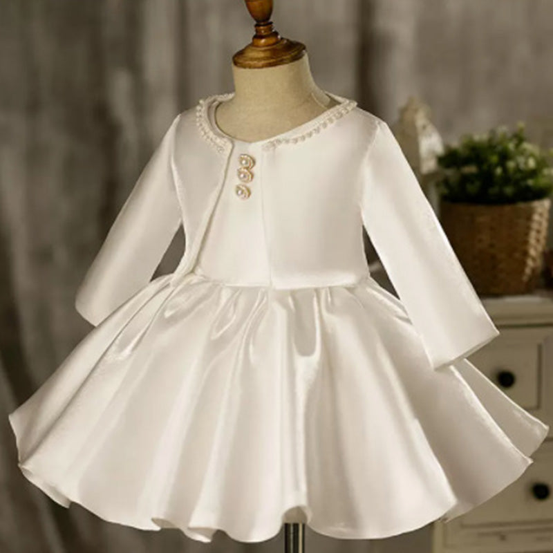 White Satin A-Line Flower Girl Dress Beaded Boat Neck Ruffle