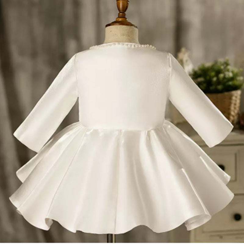 White Satin A-Line Flower Girl Dress Beaded Boat Neck Ruffle