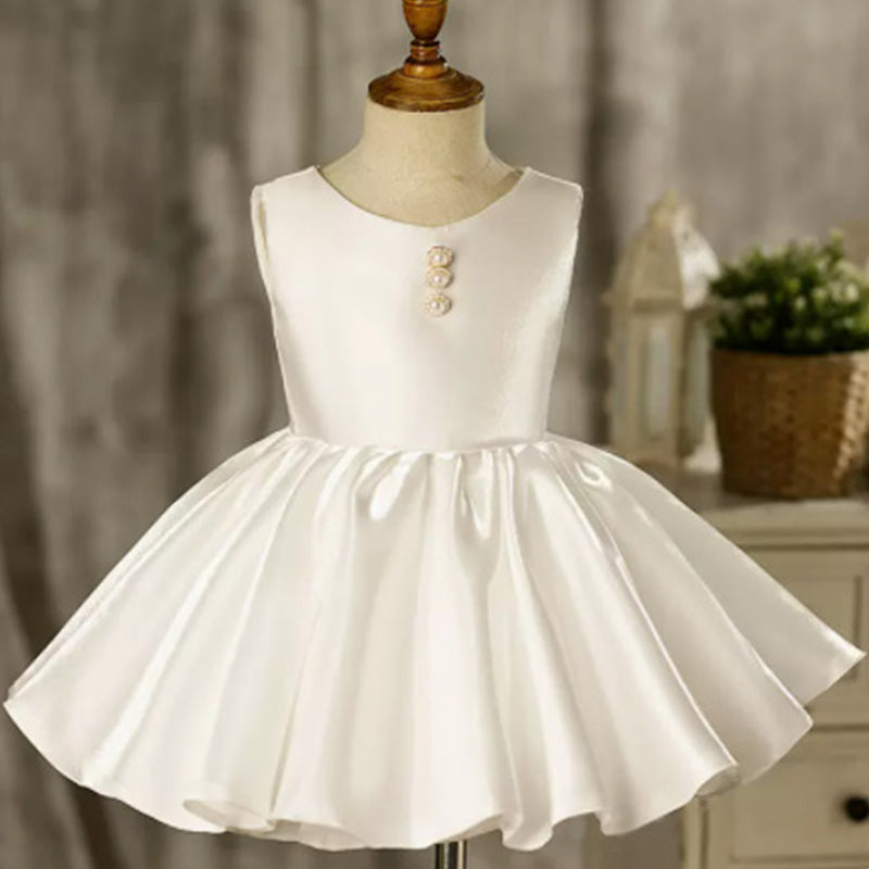 White Satin A-Line Flower Girl Dress Beaded Boat Neck Ruffle