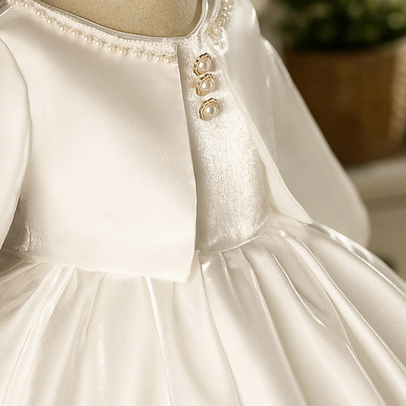 White Satin A-Line Flower Girl Dress Beaded Boat Neck Ruffle