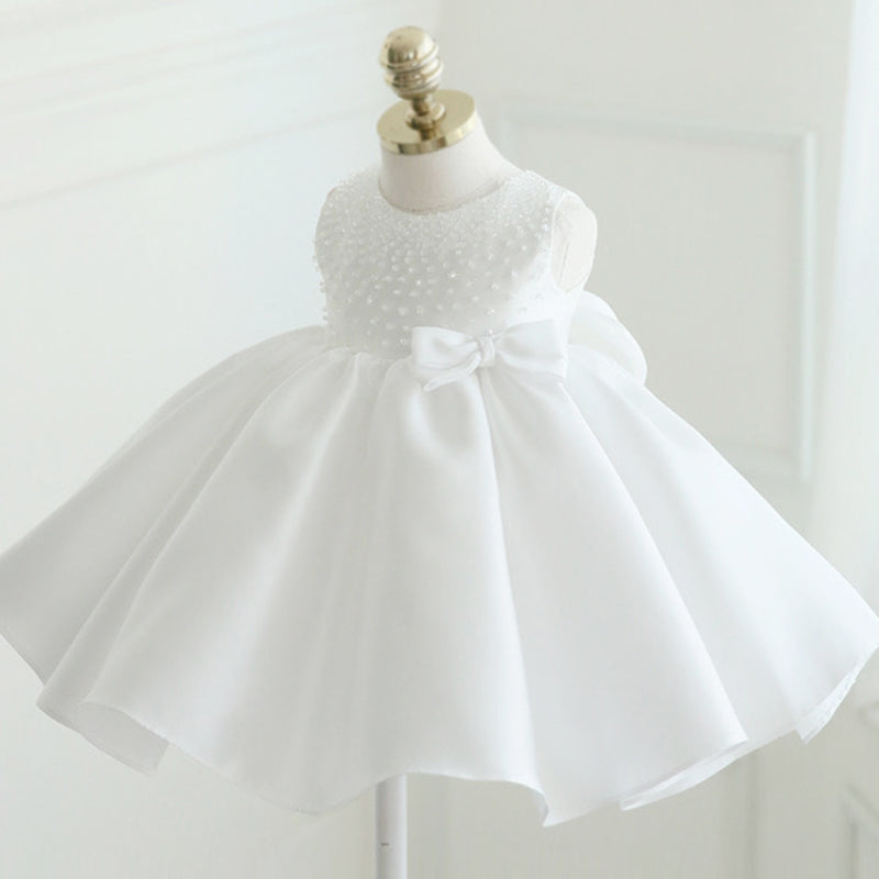 White Satin A-Line Flower Girl Dress – Bow & Sequins, Baptism, Communion, Party